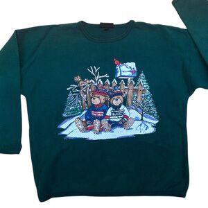 Vtg Tompkins Avenue Winter Teddy Sweatshirt Size M/L Green Pullover Bears X-mas